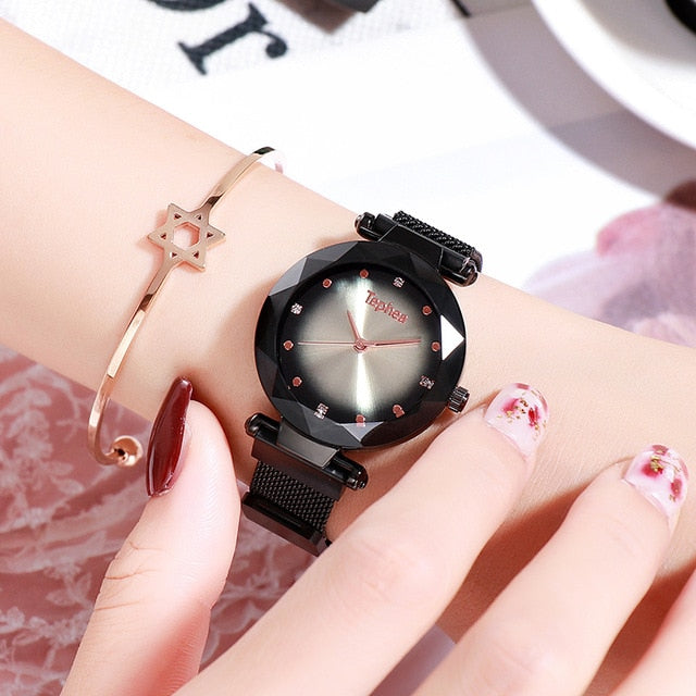 Diamond Rose Gold+Sky Magnetic Watch+Casual Mesh Steel Rhinestone
