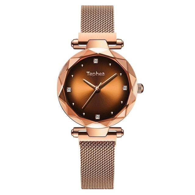 Diamond Rose Gold+Sky Magnetic Watch+Casual Mesh Steel Rhinestone