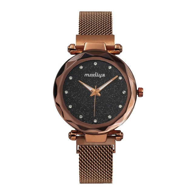 Diamond Rose Gold+Sky Magnetic Watch+Casual Mesh Steel Rhinestone