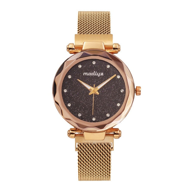 Diamond Rose Gold+Sky Magnetic Watch+Casual Mesh Steel Rhinestone