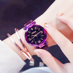 Ulzzang Luxury+Crystal Star Sky+ Purple Lady Steel Strap+Magnetic Buckle Bracelet Watch