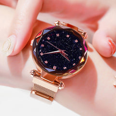 Rose+Gold+Mesh Magnet+Buckle Starry Quartz Watch=Geometric Surface+Casual Women