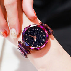 Rose+Gold+Mesh Magnet+Buckle Starry Quartz Watch=Geometric Surface+Casual Women