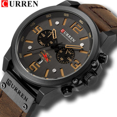 CURREN Mens Watches+Sport Wrist Watch Chronograph+ Quartz Military Genuine Leather Relogio Masculino