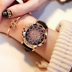 Rose Gold+ Fashion Casual Crystal Dress Wristwatch+Leather Strap Quartz Watch