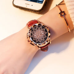 Rose Gold+ Fashion Casual Crystal Dress Wristwatch+Leather Strap Quartz Watch