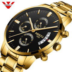 NIBOSI Men Watch Chronograph+Top Brand Luxury+Waterproof Full Steel Quartz Gold Clock