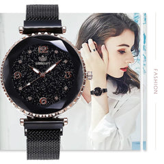 Luxury Starry Sky Watches+ Rose Gold+Mesh Magnet Buckle +Wristwatch Clock