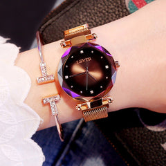 Rose Gold Watches+Bracelet+Fashion+Diamond Ladies Dress Starry Sky Magnetic