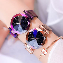 Magnet stainless steel mesh+starry fashion diamond+luminous shining quartz watch+relogio feminin