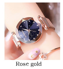 Magnet stainless steel mesh+starry fashion diamond+luminous shining quartz watch+relogio feminin